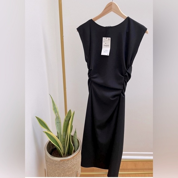 Zara Black Ruched Midi Dress - NWT - Picture 2 of 4